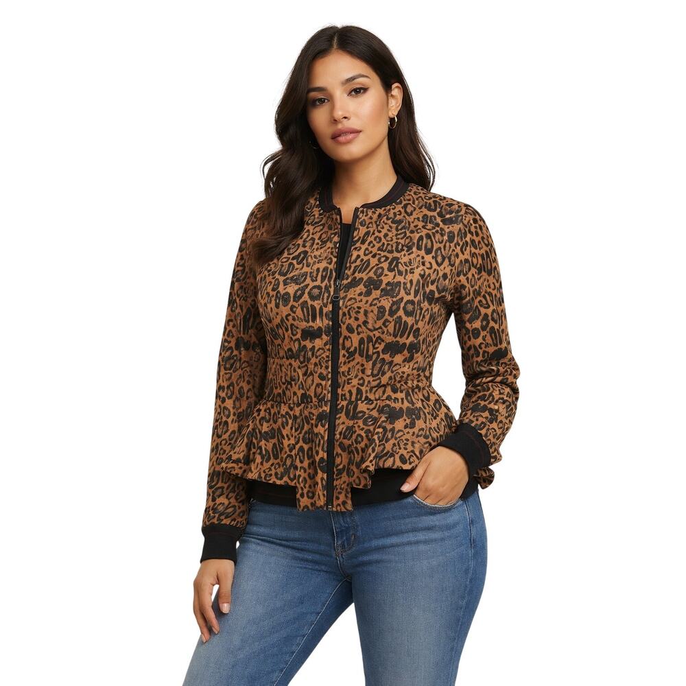 Trouve Women's Large Leopard Peplum Jacket Animal Print Lined Zip